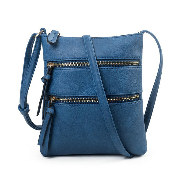 PU Leather Compact Crossbody Bag Adjustable Strap Double Zip 18 x 21cm Blue