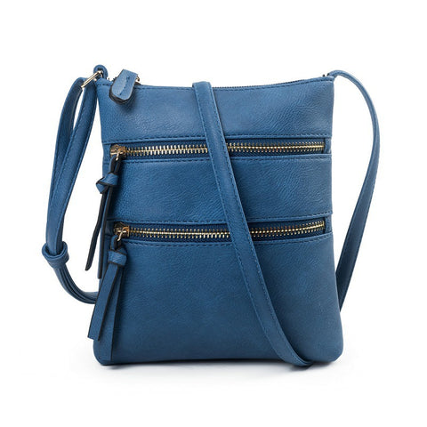 PU Leather Compact Crossbody Bag Adjustable Strap Double Zip 18 x 21cm Blue