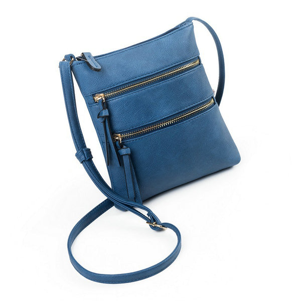 PU Leather Compact Crossbody Bag Adjustable Strap Double Zip 18 x 21cm Blue