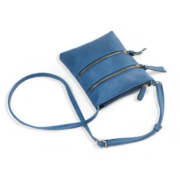 PU Leather Compact Crossbody Bag Adjustable Strap Double Zip 18 x 21cm Blue