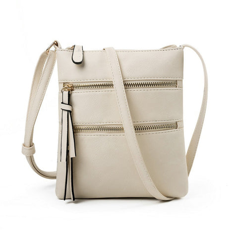PU Leather Compact Crossbody Bag Adjustable Strap Double Zip 18 x 21cm Beige
