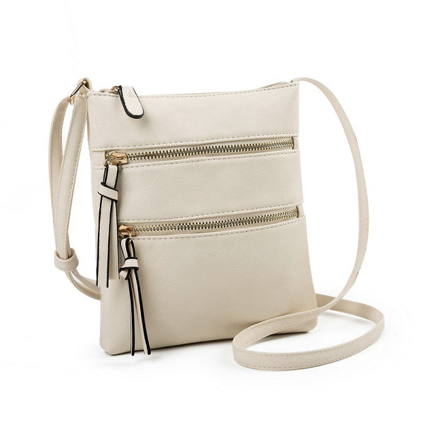 PU Leather Compact Crossbody Bag Adjustable Strap Double Zip 18 x 21cm Beige