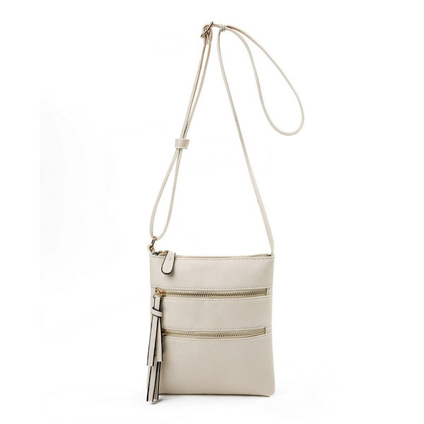 PU Leather Compact Crossbody Bag Adjustable Strap Double Zip 18 x 21cm Beige