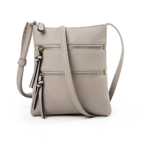 PU Leather Compact Crossbody Bag Adjustable Strap Double Zip 18 x 21cm Grey