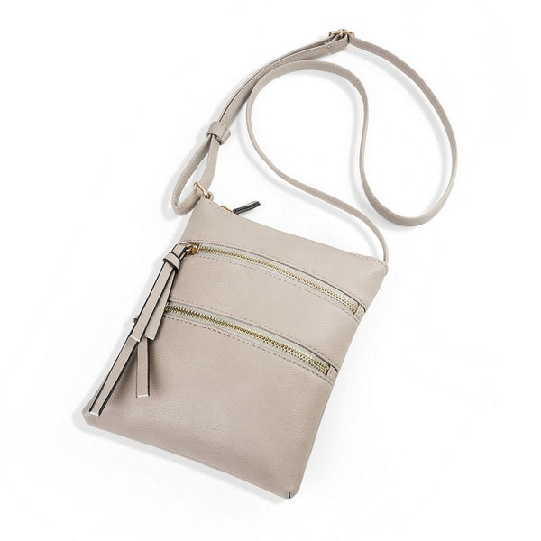 PU Leather Compact Crossbody Bag Adjustable Strap Double Zip 18 x 21cm Grey