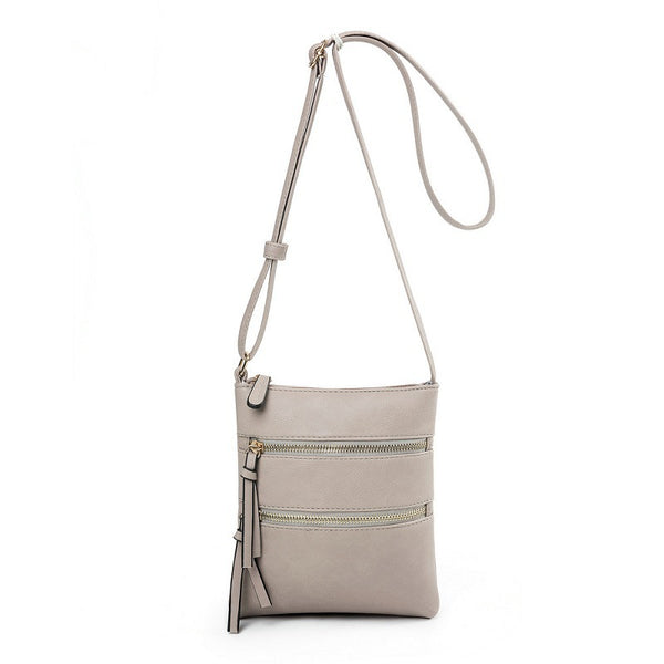 PU Leather Compact Crossbody Bag Adjustable Strap Double Zip 18 x 21cm Grey