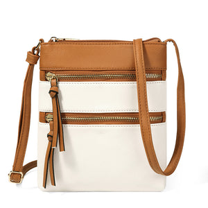 PU Leather Compact Crossbody Bag Adjustable Strap Double Zip 18 x 21cm Brown White