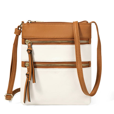 PU Leather Compact Crossbody Bag Adjustable Strap Double Zip 18 x 21cm Brown White