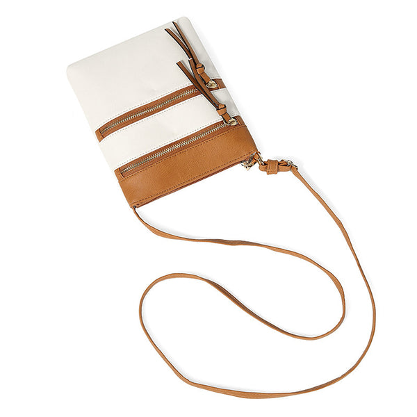 PU Leather Compact Crossbody Bag Adjustable Strap Double Zip 18 x 21cm Brown White