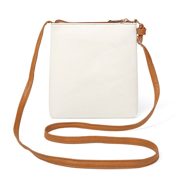 PU Leather Compact Crossbody Bag Adjustable Strap Double Zip 18 x 21cm Brown White