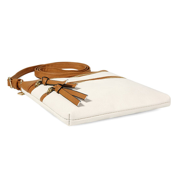 PU Leather Compact Crossbody Bag Adjustable Strap Double Zip 18 x 21cm Brown White
