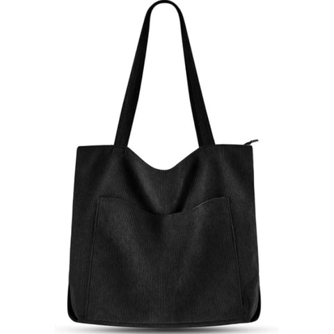 Corduroy Tote Shoulder Bag Front Pocket Zip Black