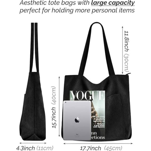 Corduroy Tote Shoulder Bag Front Pocket Zip Black