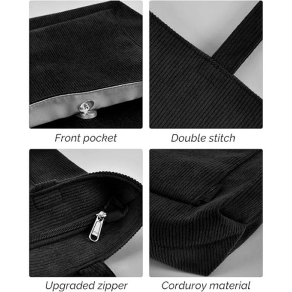 Corduroy Tote Shoulder Bag Front Pocket Zip Black