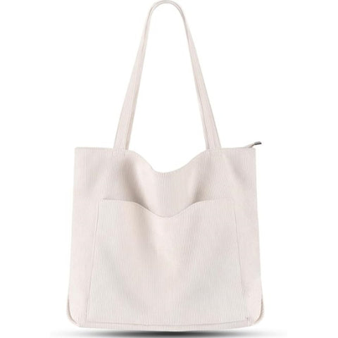 Corduroy Tote Shoulder Bag Front Pocket Zip White