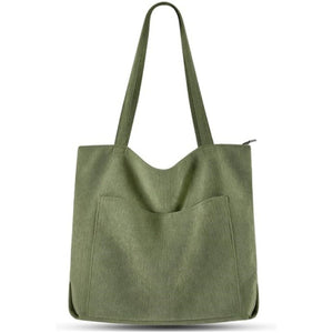 Corduroy Tote Shoulder Bag Front Pocket Zip Green