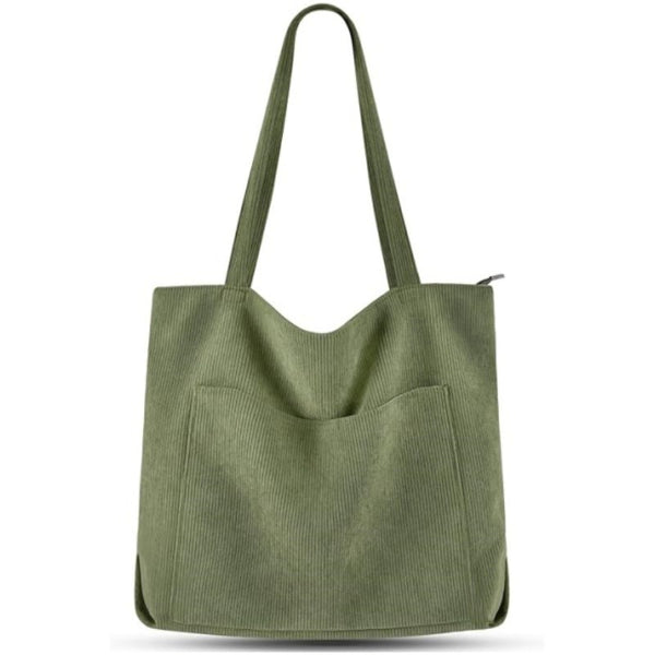 Corduroy Tote Shoulder Bag Front Pocket Zip Green