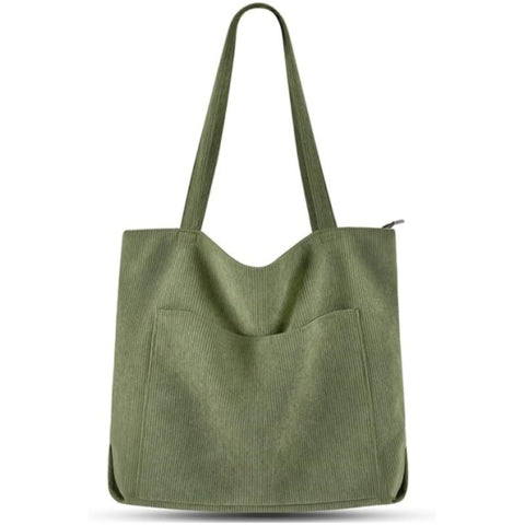 Corduroy Tote Shoulder Bag Front Pocket Zip Green