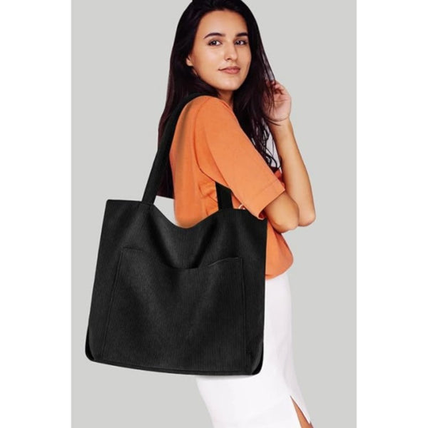 Corduroy Tote Shoulder Bag Front Pocket Zip Green