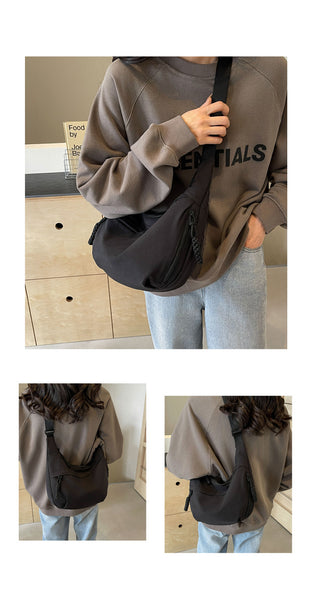 Nylon Crescent Casual Slouch Crossbody Shoulder Bag Black