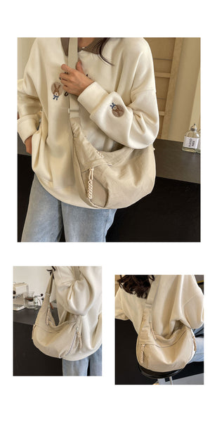 Nylon Crescent Casual Slouch Crossbody Shoulder Bag Beige