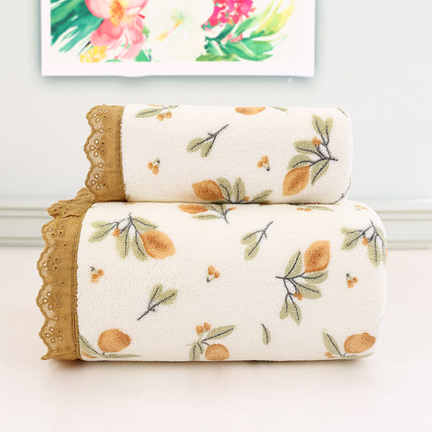 2 Pce Coral Fleece Lace Trim Bath Face Towel Set Ultra Soft Absorbent Beige Floral