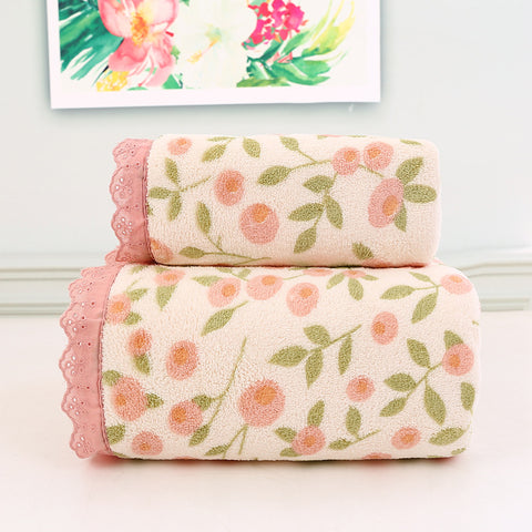 2 Pce Coral Fleece Lace Trim Bath Face Towel Set Ultra Soft Absorbent Pink Floral