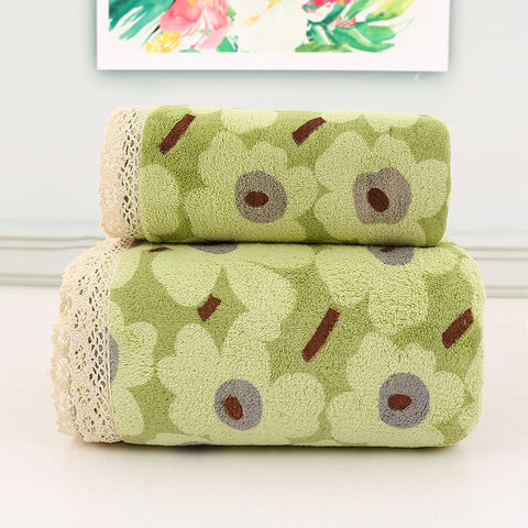 2 Pce Coral Fleece Lace Trim Bath Face Towel Set Ultra Soft Absorbent Green Floral