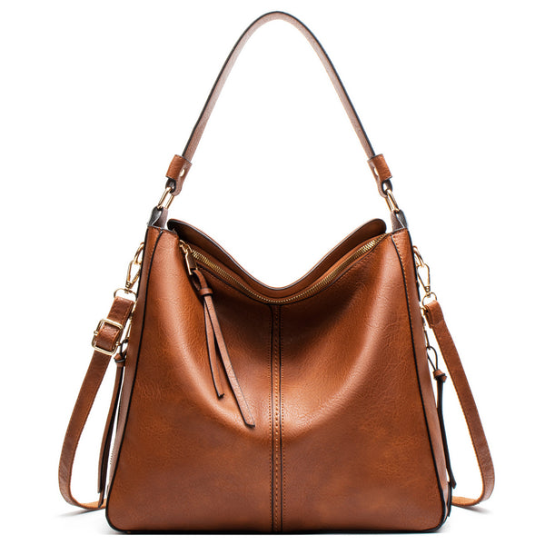 Faux PU Leather Hobo Slouch Tote Crossbody Bag Handbag Top Zip Brown