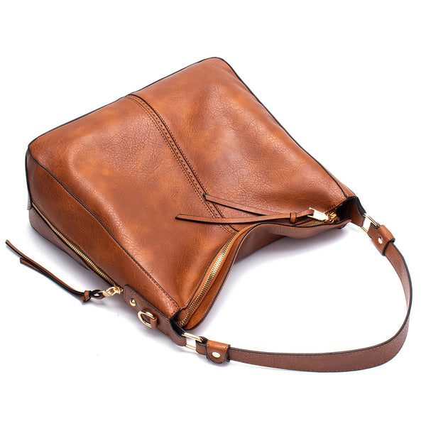 Faux PU Leather Hobo Slouch Tote Crossbody Bag Handbag Top Zip Brown
