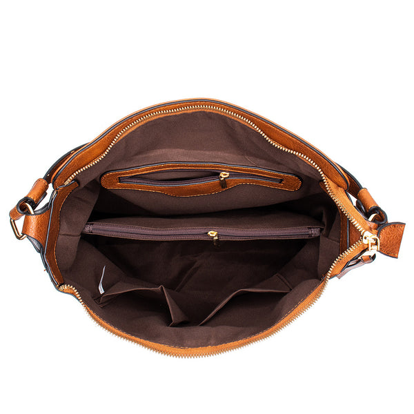 Faux PU Leather Hobo Slouch Tote Crossbody Bag Handbag Top Zip Brown