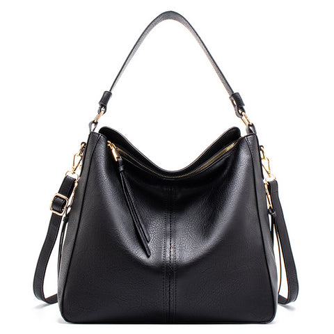 Faux PU Leather Hobo Slouch Tote Crossbody Bag Handbag Top Zip Black