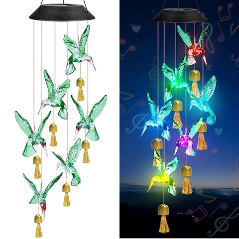 Solar Powered Hummingbird Wind Chime Colour Change LED Hanging Garden Light Green