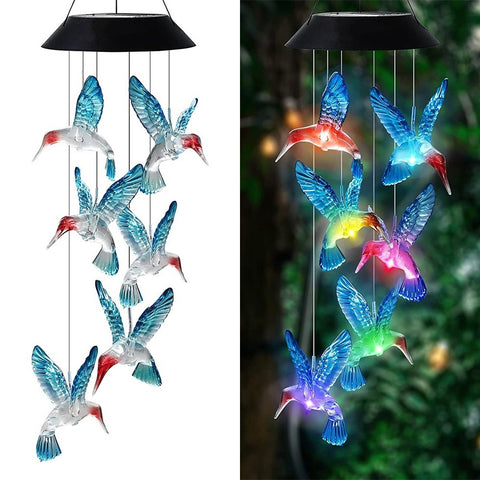 Solar Powered Hummingbird Wind Chime Colour Change LED Hanging Garden Light Blue