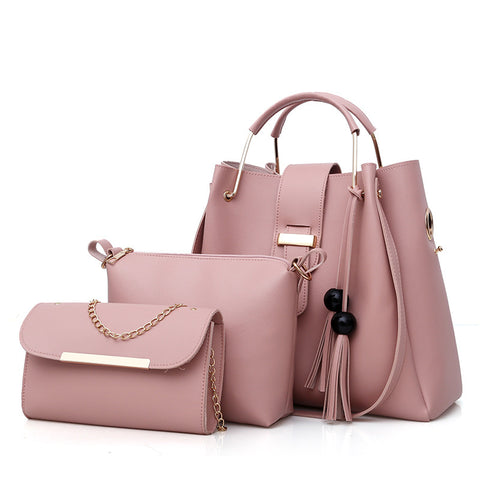 3 Pce Faux PU Leather Tote Crossbody Shoulder Clutch Purse Bag Gold Accent Pink