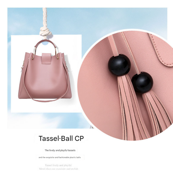 3 Pce Faux PU Leather Tote Crossbody Shoulder Clutch Purse Bag Gold Accent Pink