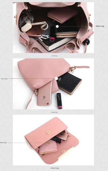 3 Pce Faux PU Leather Tote Crossbody Shoulder Clutch Purse Bag Gold Accent Pink