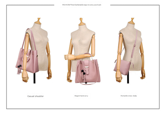 3 Pce Faux PU Leather Tote Crossbody Shoulder Clutch Purse Bag Gold Accent Pink