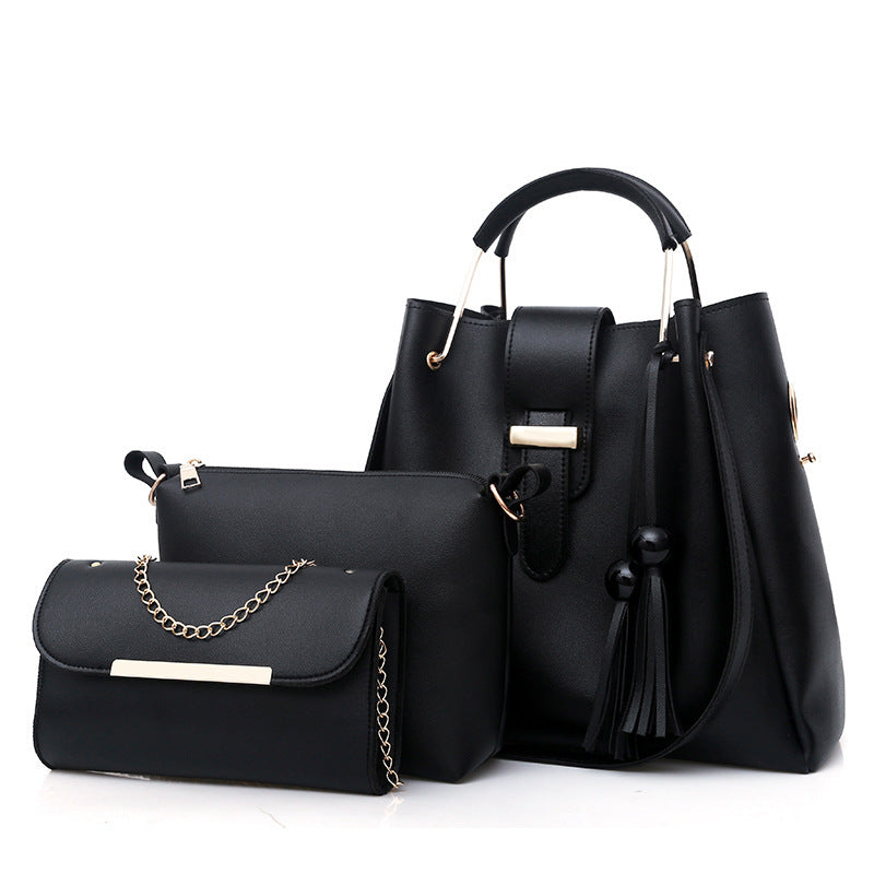 3 Pce Faux PU Leather Tote Crossbody Shoulder Clutch Purse Bag Gold Accent Black
