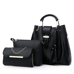 3 Pce Faux PU Leather Tote Crossbody Shoulder Clutch Purse Bag Gold Accent Black
