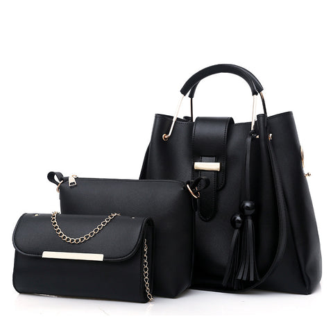 3 Pce Faux PU Leather Tote Crossbody Shoulder Clutch Purse Bag Gold Accent Black