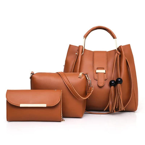 3 Pce Faux PU Leather Tote Crossbody Shoulder Clutch Purse Bag Gold Accent Brown