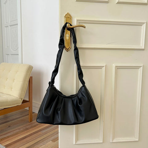 Faux PU Leather Pleated Underarm Shoulder Bag Handbag Black