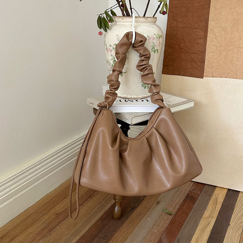Pleated Ruched Handle Faux PU Leather Handbag Underarm Bag Brown