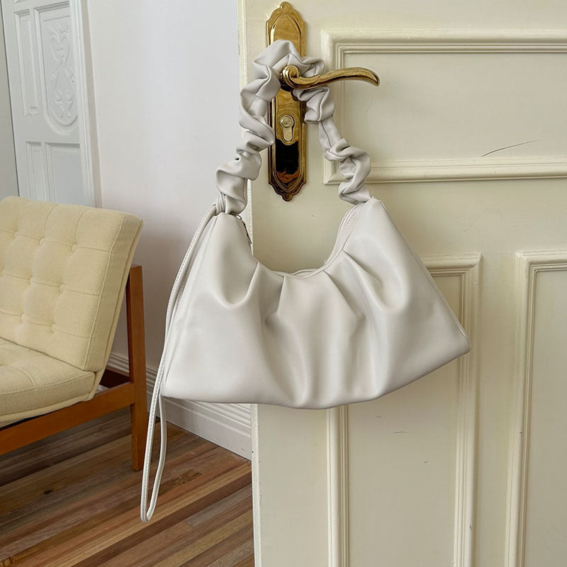 Pleated Ruched Handle Faux PU Leather Handbag Underarm Bag White