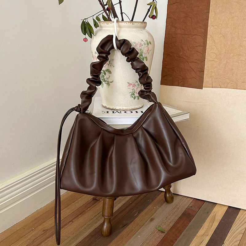 Pleated Ruched Handle Faux PU Leather Handbag Underarm Bag Coffee