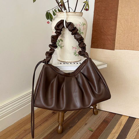 Pleated Ruched Handle Faux PU Leather Handbag Underarm Bag Coffee