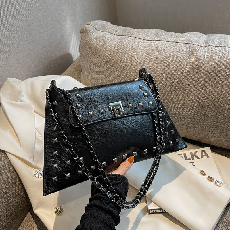 Faux PU Leather Studded Envelope Crossbody Shoulder Bag Chain Strap Black