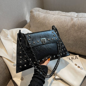 Faux PU Leather Studded Envelope Crossbody Shoulder Bag Chain Strap Black