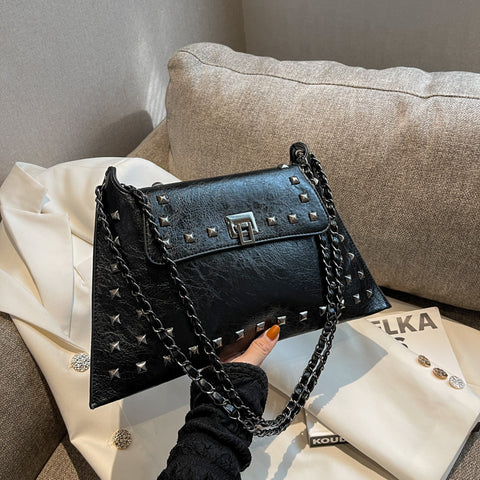 Faux PU Leather Studded Envelope Crossbody Shoulder Bag Chain Strap Black